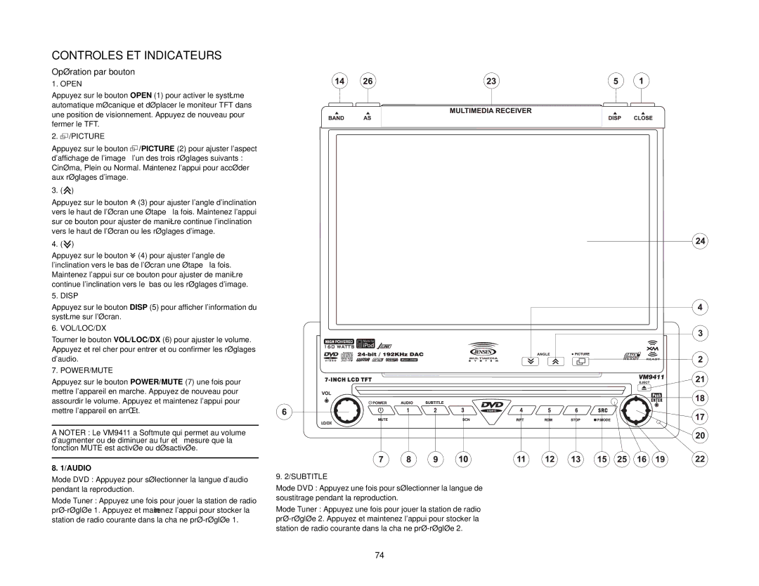 Audiovox VM9411 instruction manual Controles ET Indicateurs, Opération par bouton, Audio 