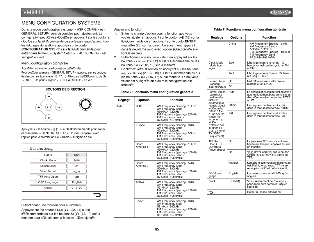 Audiovox VM9411 Menu Configuration Systeme, Menu configuration générale, Accéder au menu configuration générale 