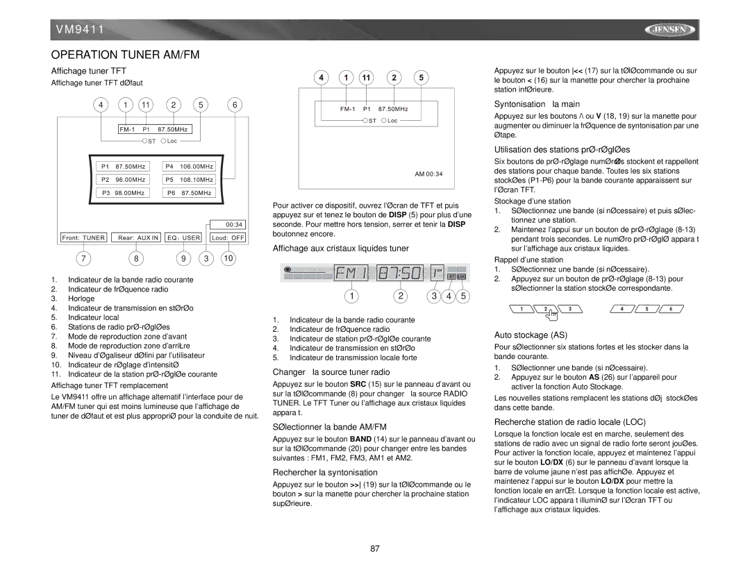 Audiovox VM9411 instruction manual Operation Tuner AM/FM 