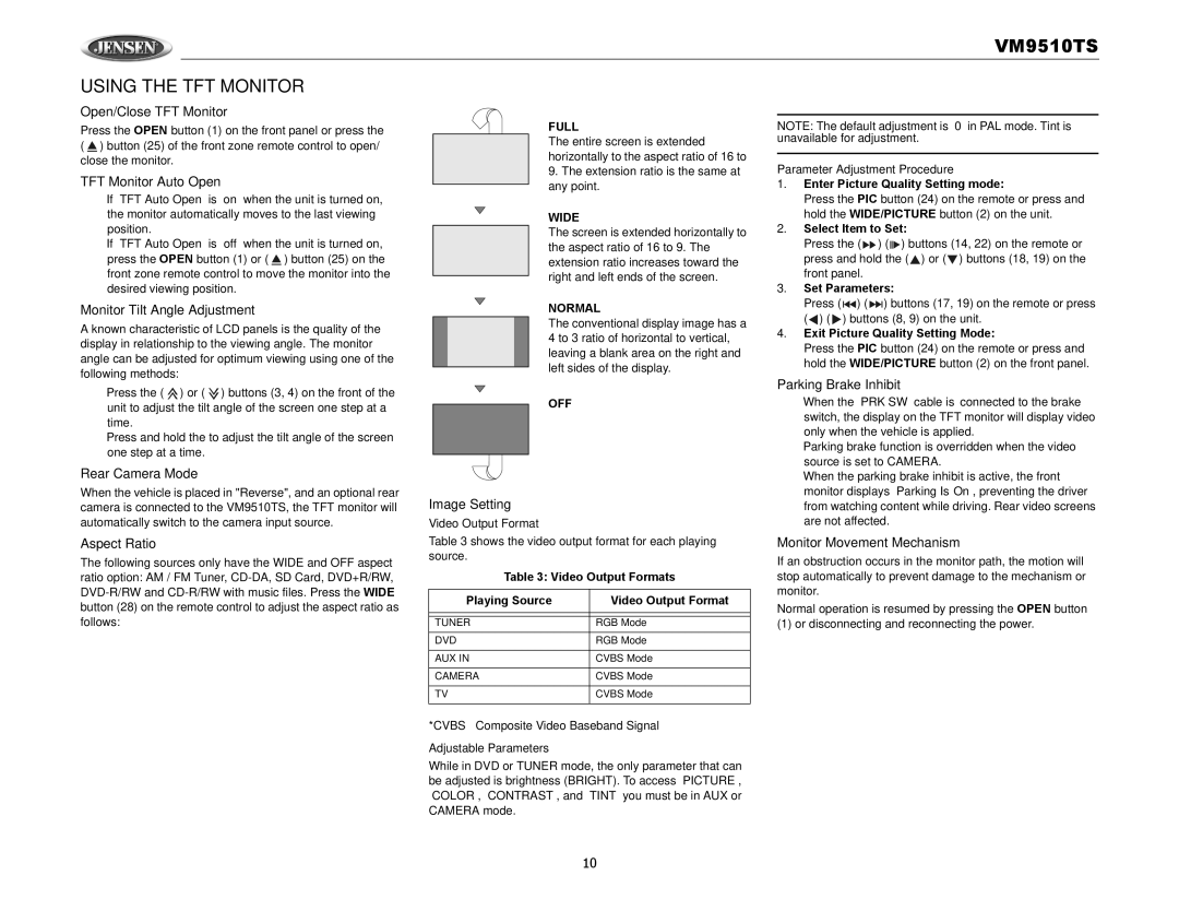 Audiovox VM9510TS operation manual Using the TFT Monitor 