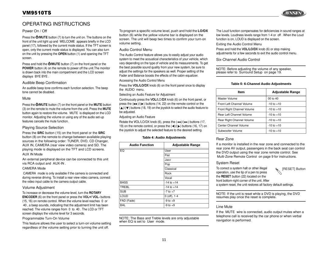 Audiovox VM9510TS operation manual Operating Instructions 