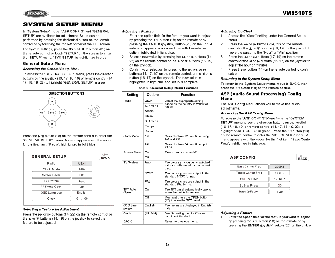 Audiovox VM9510TS operation manual System Setup Menu, General Setup Menu, ASP Audio Sound Processing Config Menu 