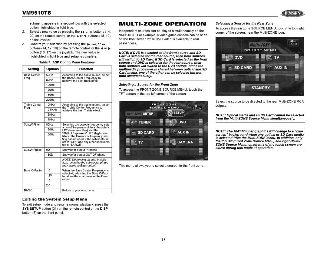 Audiovox VM9510TS operation manual MULTI-ZONE Operation, Exiting the System Setup Menu 