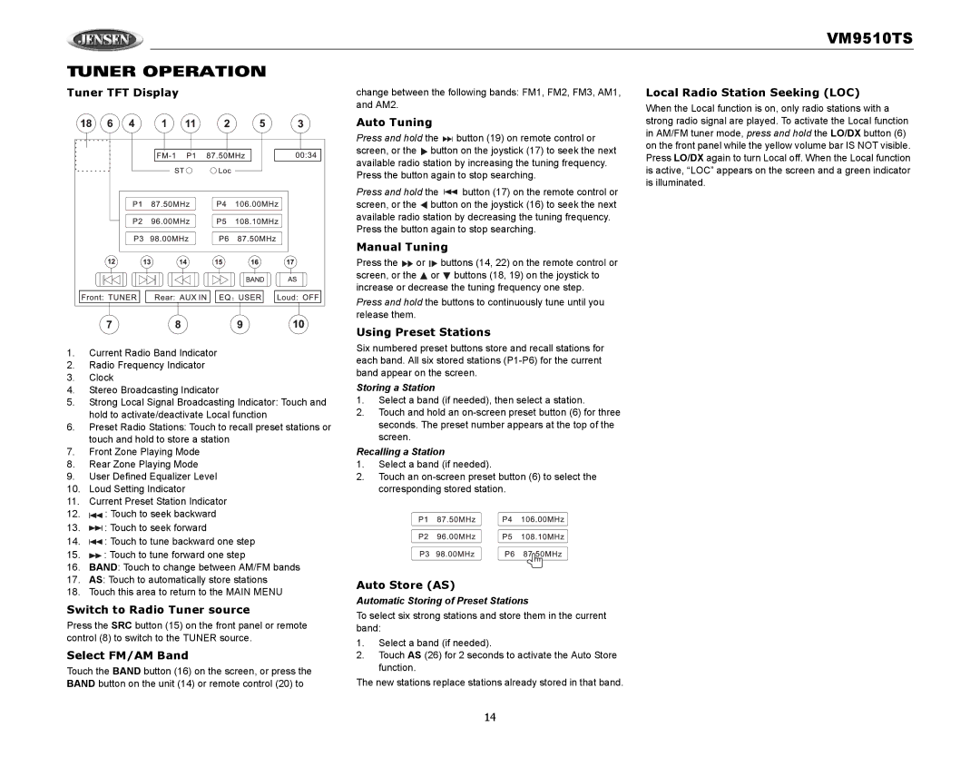 Audiovox VM9510TS operation manual Tuner Operation 