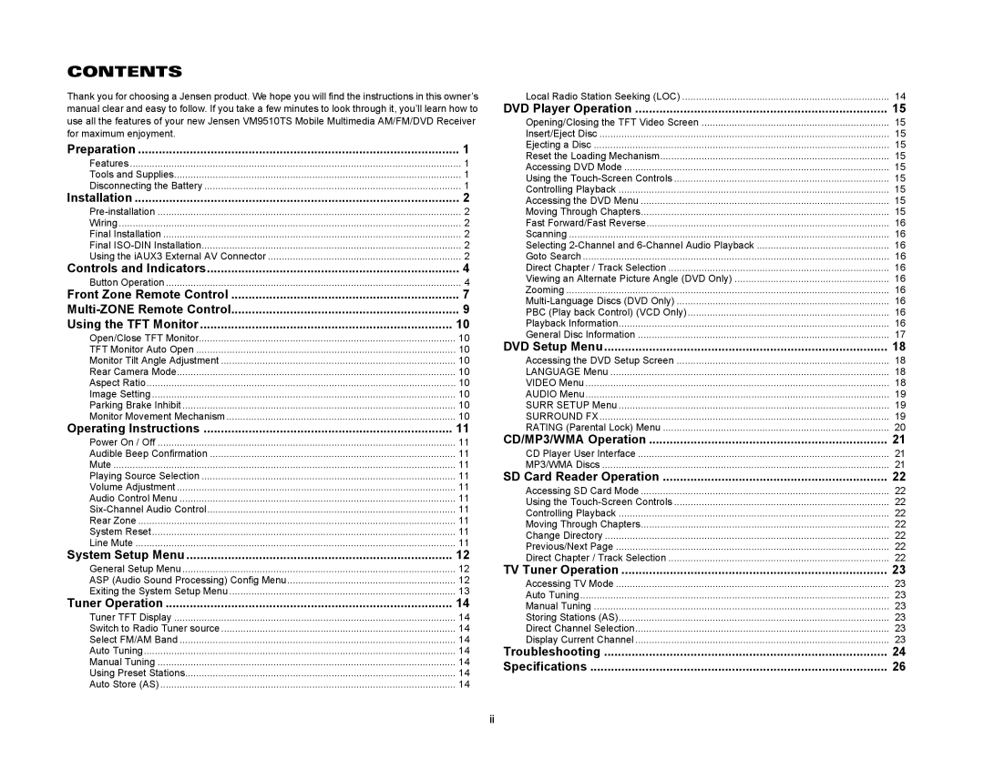 Audiovox VM9510TS operation manual Contents 