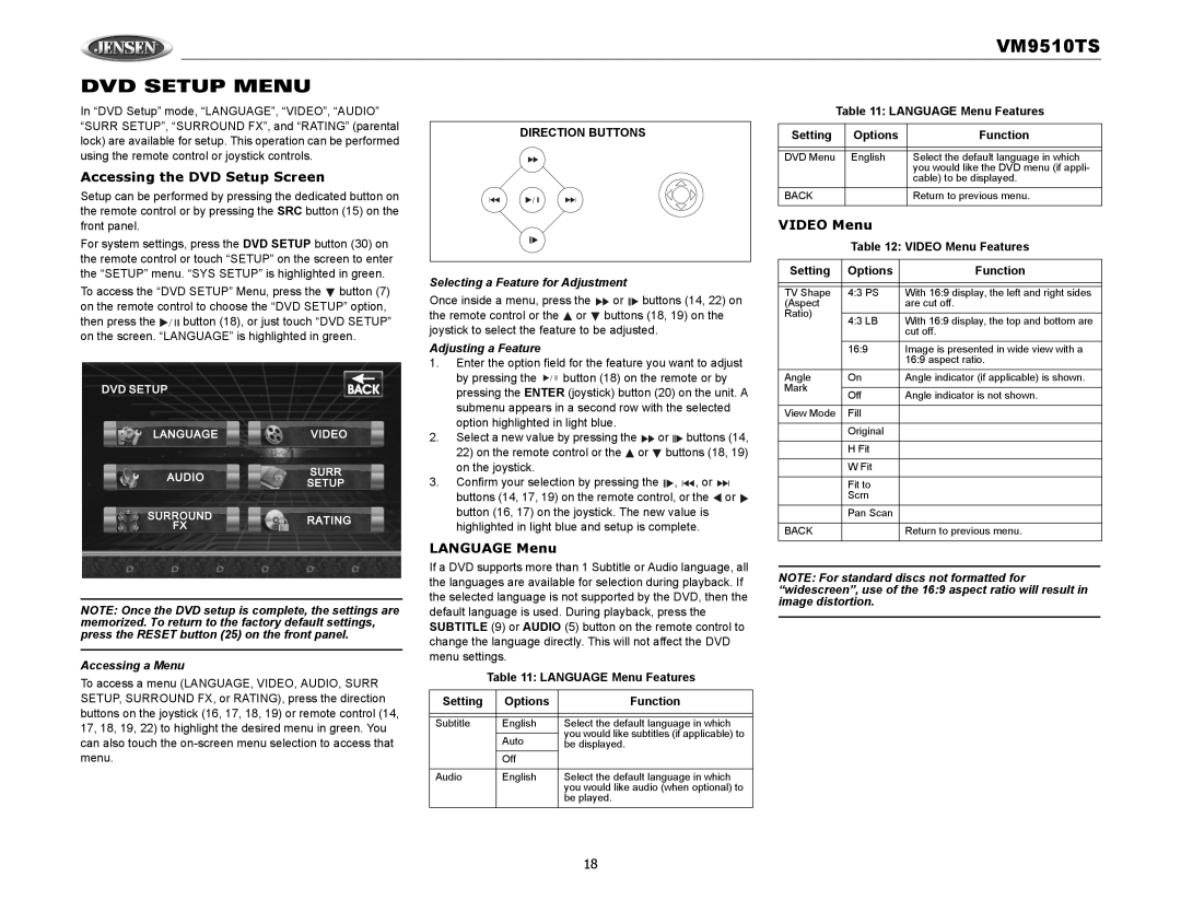 Audiovox VM9510TS DVD Setup Menu, Accessing the DVD Setup Screen, Language Menu, Video Menu, Accessing a Menu 