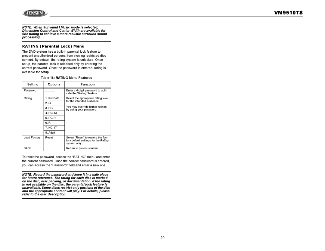 Audiovox VM9510TS operation manual Rating Parental Lock Menu, Rating Menu Features Setting Options Function, Pg-R 