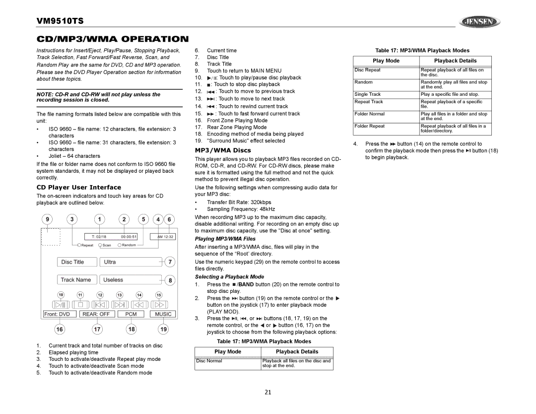 Audiovox VM9510TS operation manual CD/MP3/WMA Operation, CD Player User Interface, MP3/WMA Discs, Playing MP3/WMA Files 