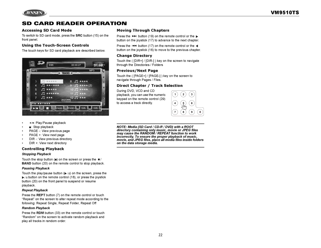 Audiovox VM9510TS operation manual SD Card Reader Operation, Accessing SD Card Mode, Change Directory, Previous/Next 