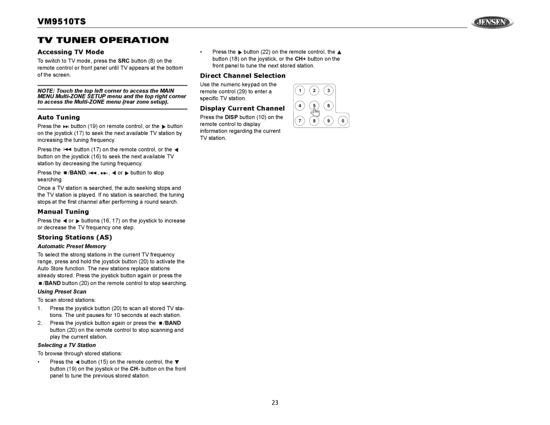 Audiovox VM9510TS operation manual TV Tuner Operation, Accessing TV Mode, Storing Stations AS, Direct Channel Selection 