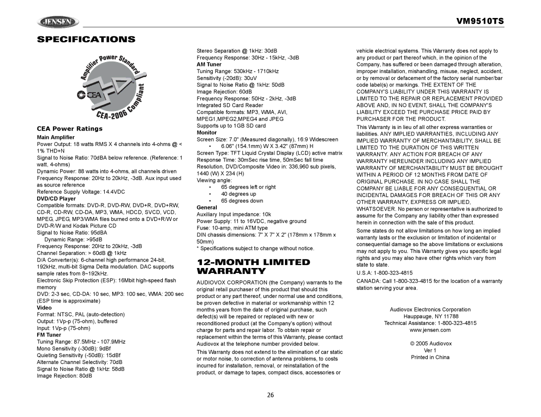 Audiovox VM9510TS operation manual Specifications, Month Limited Warranty, CEA Power Ratings 