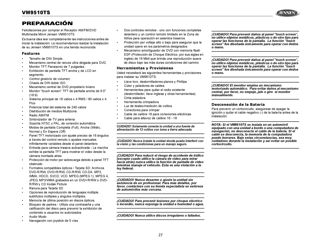 Audiovox VM9510TS operation manual Preparación, Herramientas y Provisiones, Desconexión de la Batería 