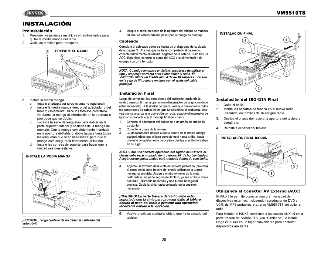 Audiovox VM9510TS operation manual Instalación 