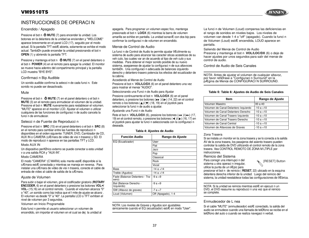 Audiovox VM9510TS operation manual Instrucciones DE Operación 