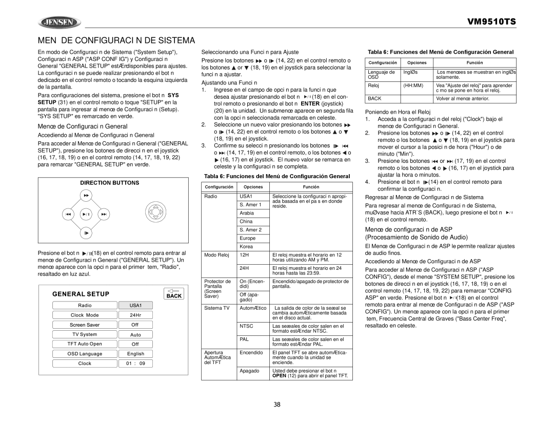 Audiovox VM9510TS operation manual Menú DE Configuración DE Sistema, Menú de Configuración General 