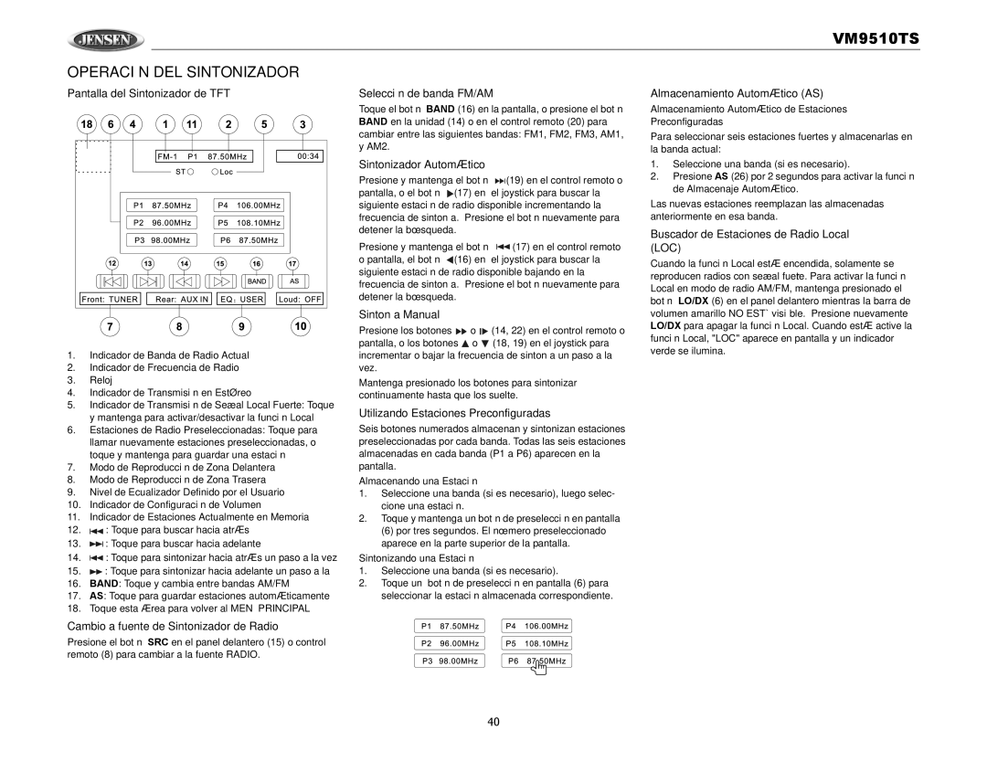 Audiovox VM9510TS operation manual Operación DEL Sintonizador 