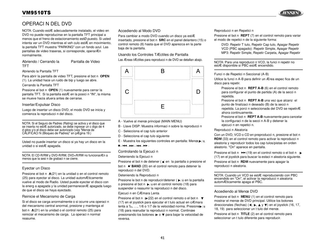 Audiovox VM9510TS operation manual Operación DEL DVD 