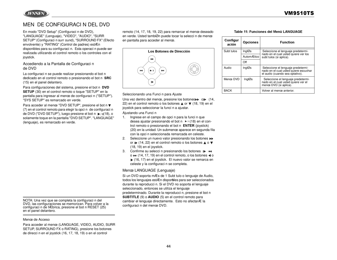 Audiovox VM9510TS Menú DE Configuración DEL DVD, Accediendo a la Pantalla de Configuración de DVD, Menú Language Lenguaje 