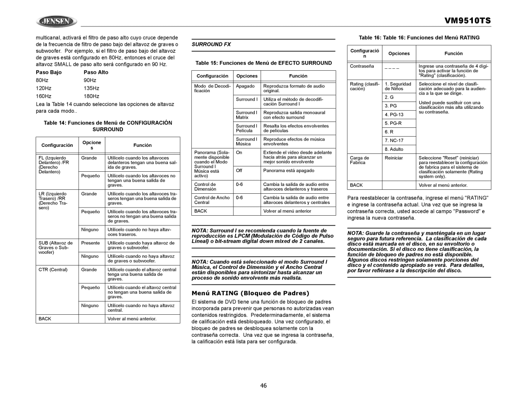 Audiovox VM9510TS operation manual Menú Rating Bloqueo de Padres, Surround 