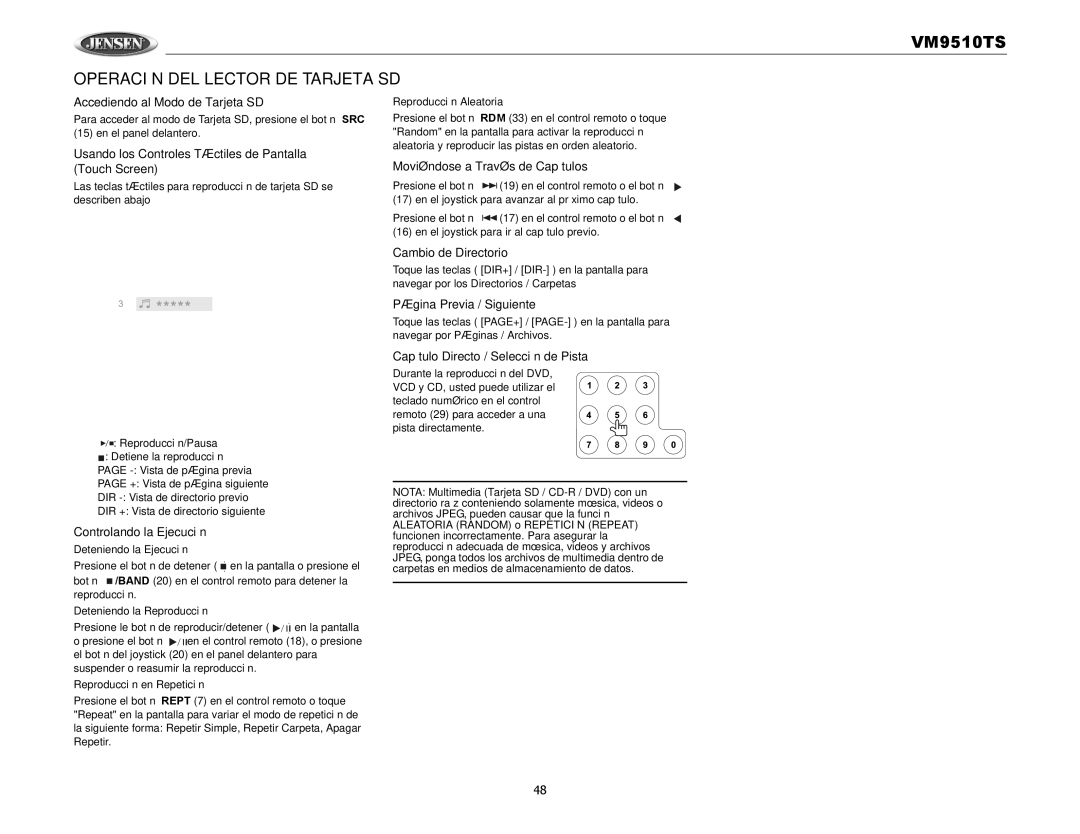 Audiovox VM9510TS Operación DEL Lector DE Tarjeta SD, Accediendo al Modo de Tarjeta SD, Cambio de Directorio 