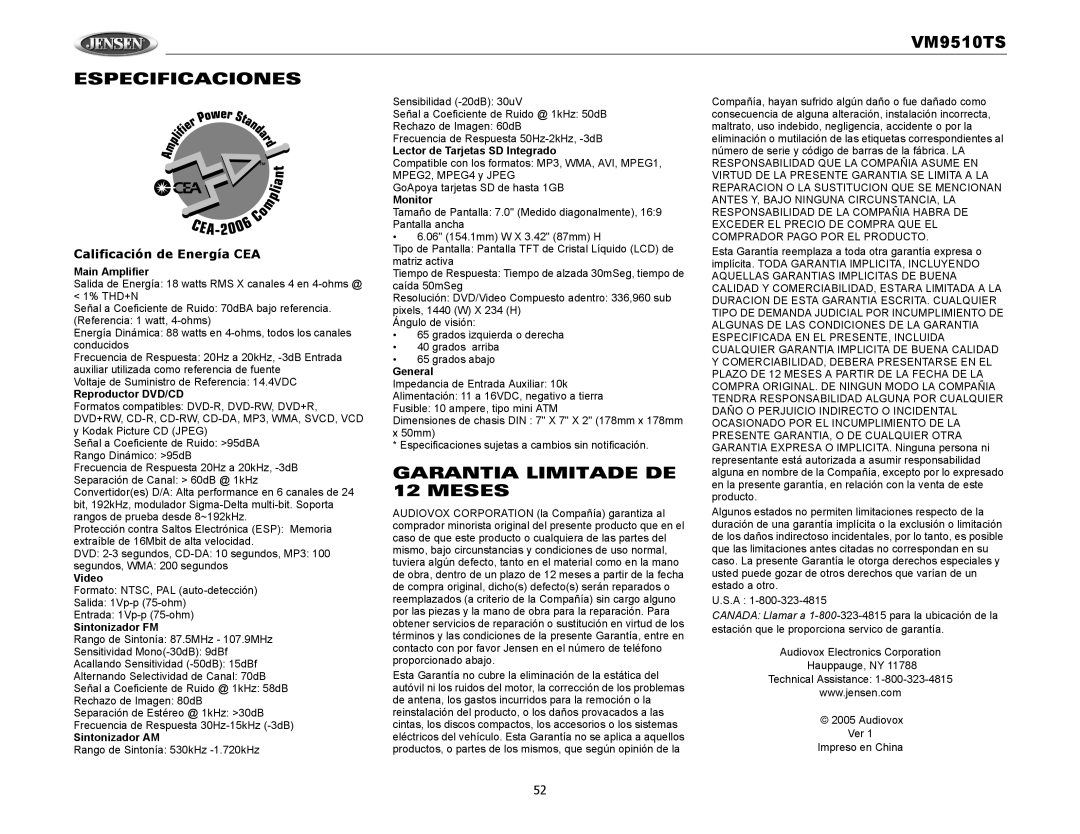 Audiovox VM9510TS operation manual Especificaciones, Garantia Limitade DE 12 Meses, Calificación de Energía CEA 