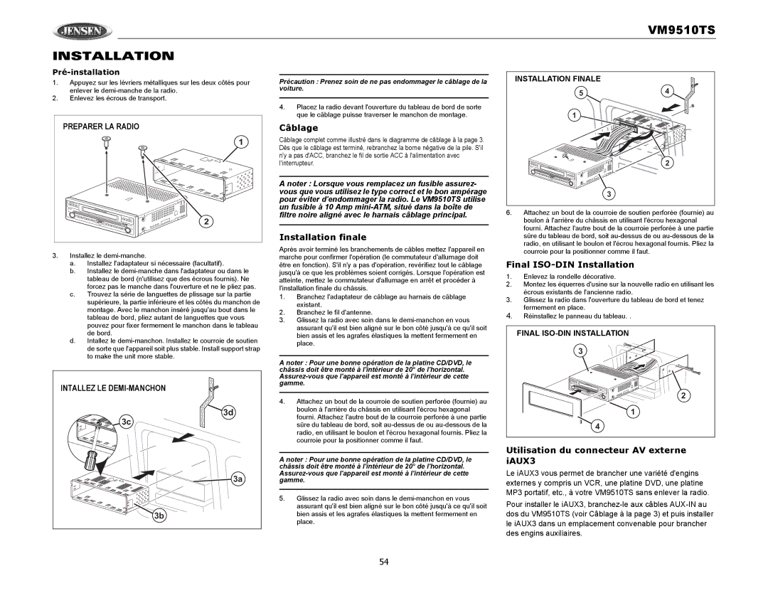 Audiovox VM9510TS operation manual Câblage, Installation finale, Utilisation du connecteur AV externe iAUX3 