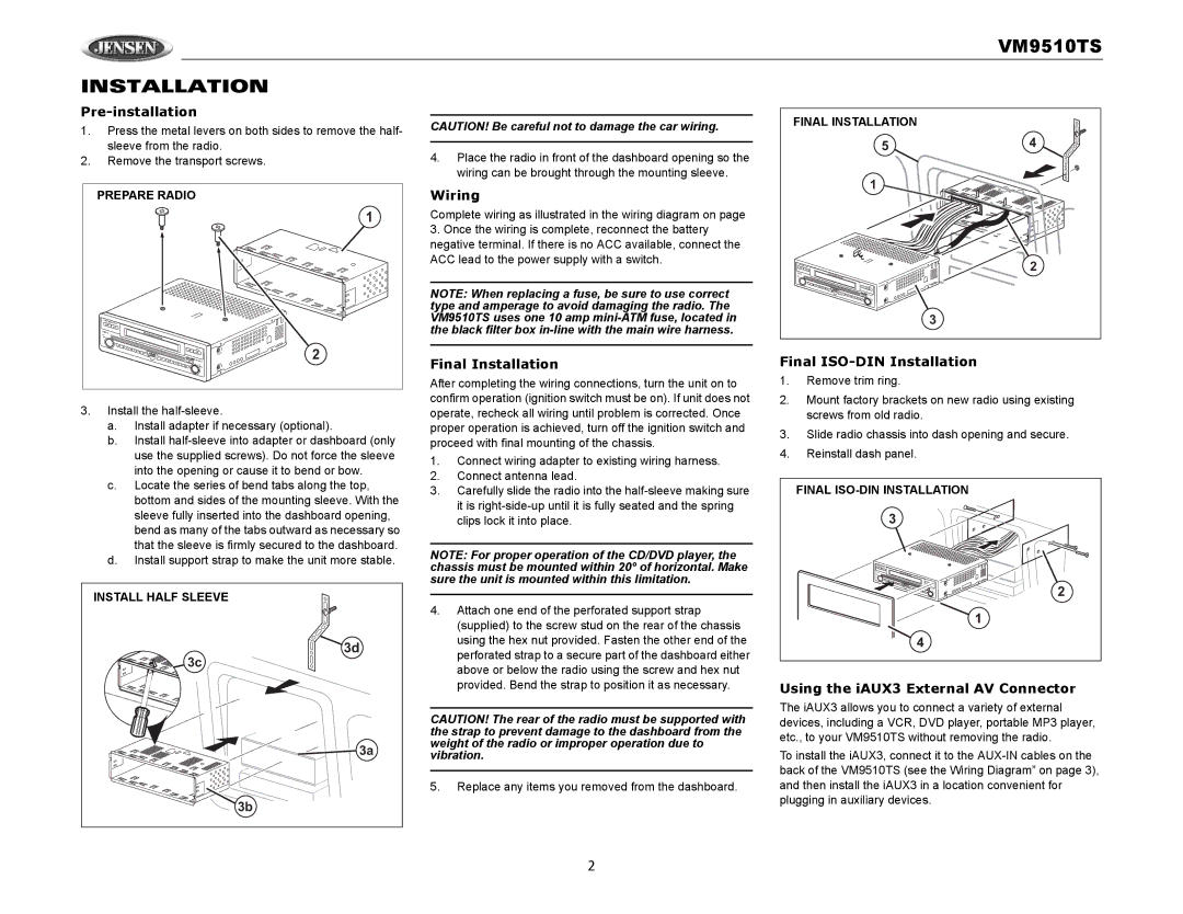 Audiovox VM9510TS operation manual Pre-installation, Wiring, Final Installation Final ISO-DIN Installation 