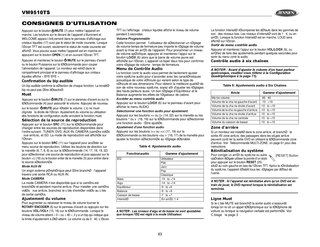 Audiovox VM9510TS Consignes Dutilisation, Contrôle audio à six chaînes, Ajustements audio Fonctionaudio Gamme dajustement 