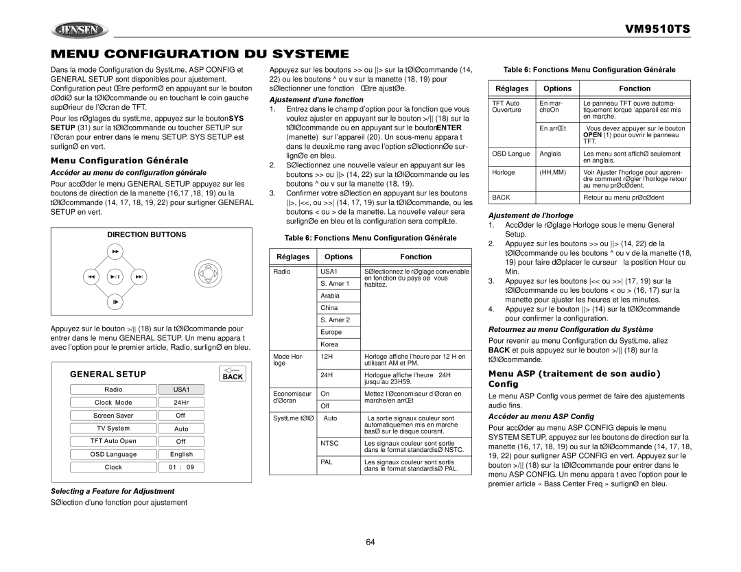 Audiovox VM9510TS Menu Configuration DU Systeme, Menu Configuration Générale, Menu ASP traitement de son audio Config 