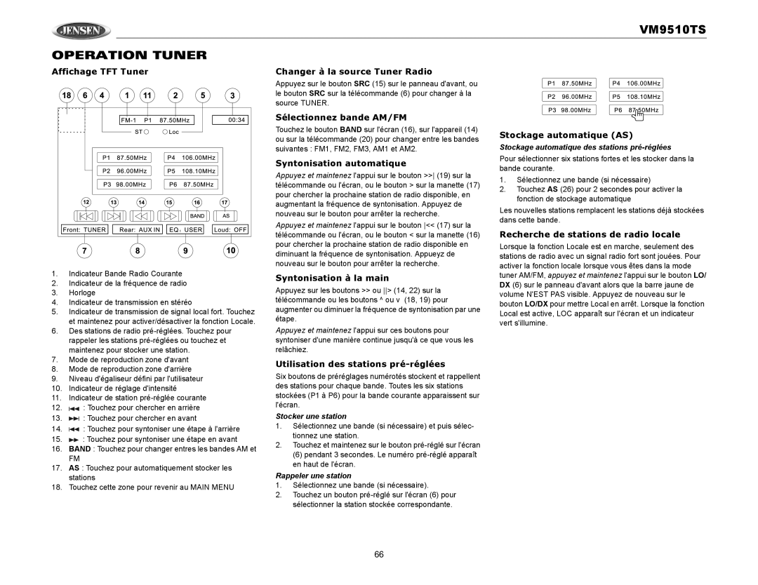 Audiovox VM9510TS operation manual Operation Tuner 