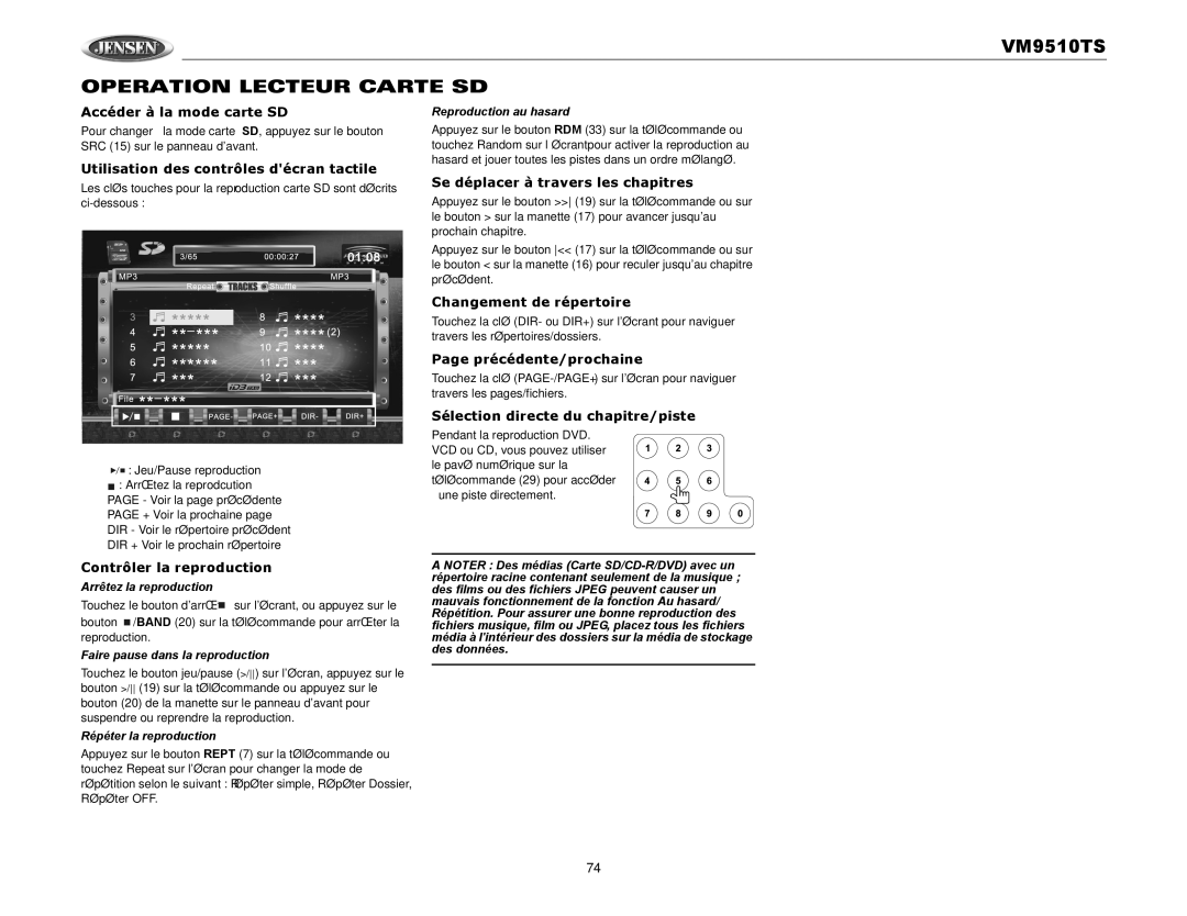 Audiovox VM9510TS Operation Lecteur Carte SD, Accéder à la mode carte SD, Changement de répertoire, Précédente/prochaine 