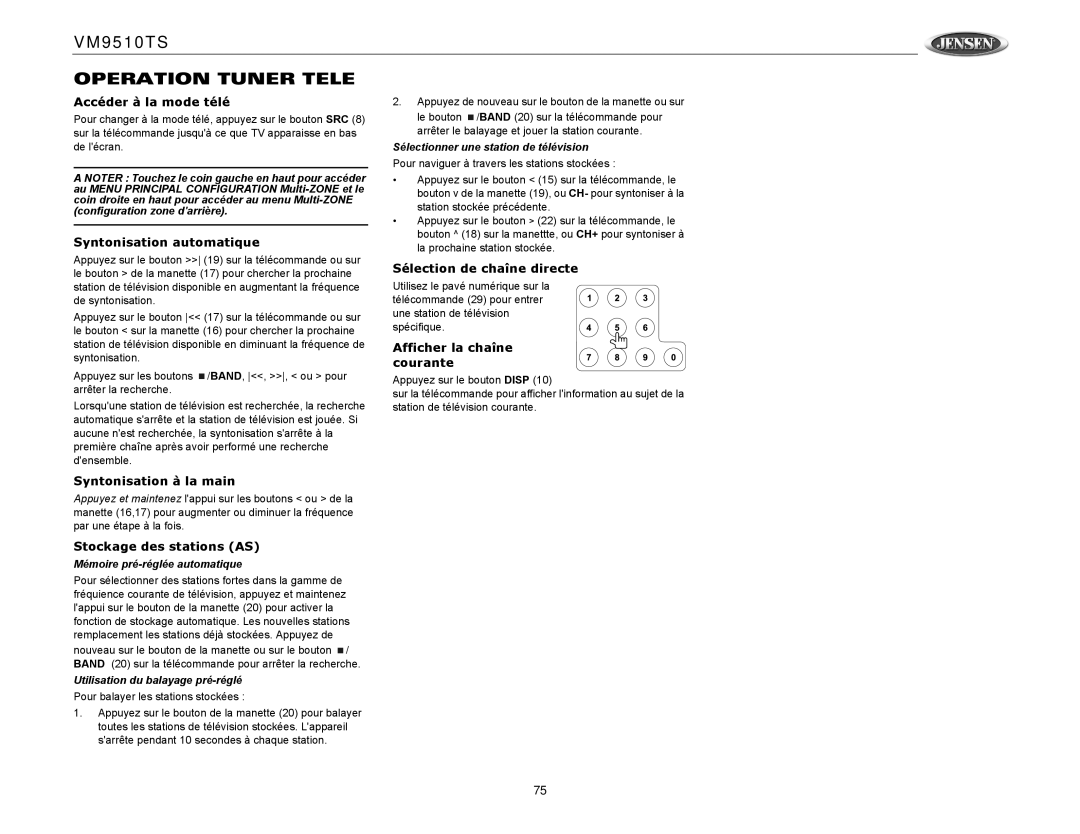 Audiovox VM9510TS Operation Tuner Tele, Accéder à la mode télé, Stockage des stations AS, Sélection de chaîne directe 