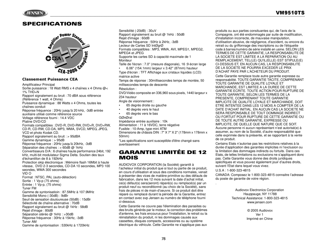 Audiovox VM9510TS operation manual Garantie Limitée DE 12 Mois, Classement Puissance CEA, Vidéo 