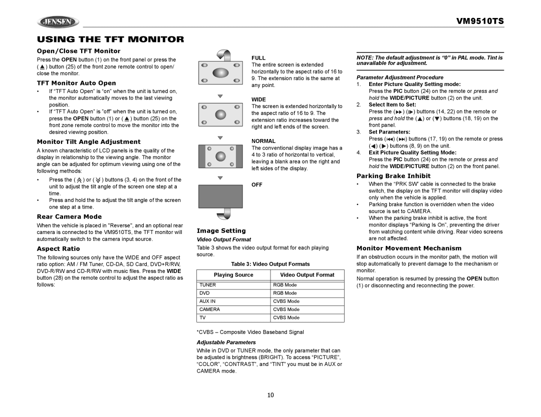 Audiovox VM9510TS USING THE TFT MONITOR, Open/Close TFT Monitor, TFT Monitor Auto Open, Monitor Tilt Angle Adjustment 