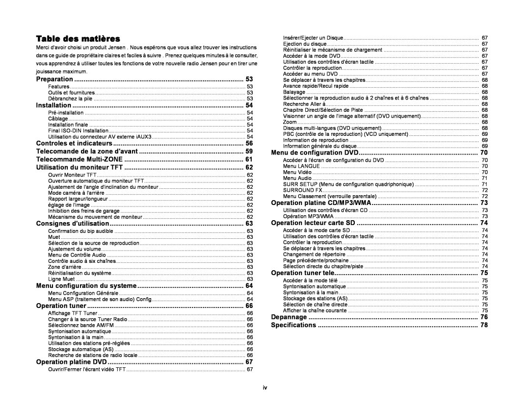 Audiovox VM9510TS operation manual Table des matières 