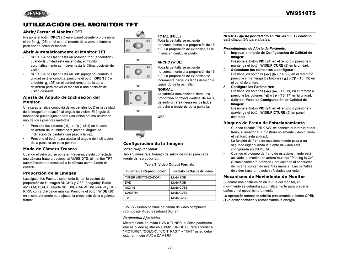 Audiovox VM9510TS UTILIZACIÓN DEL MONITOR TFT, Abrir/Cerrar el Monitor TFT, Abrir Automáticamente el Monitor TFT 