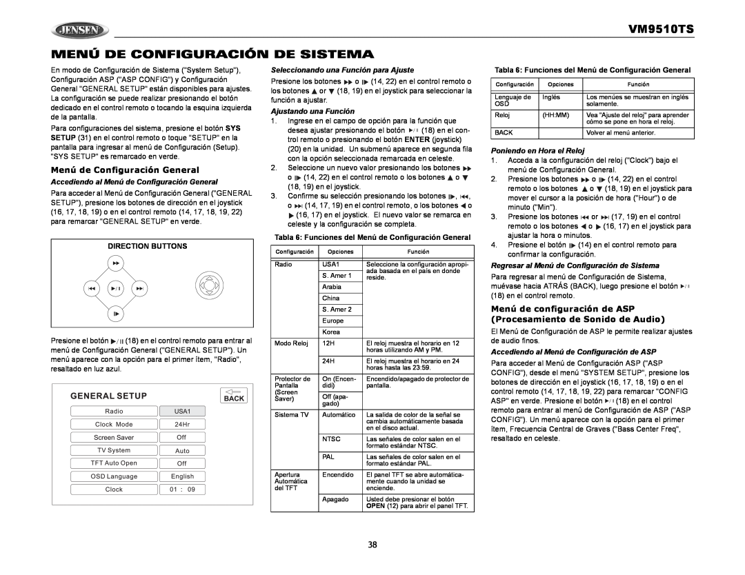 Audiovox operation manual VM9510TS MENÚ DE CONFIGURACIÓN DE SISTEMA, Menú de Configuración General, Direction Buttons 