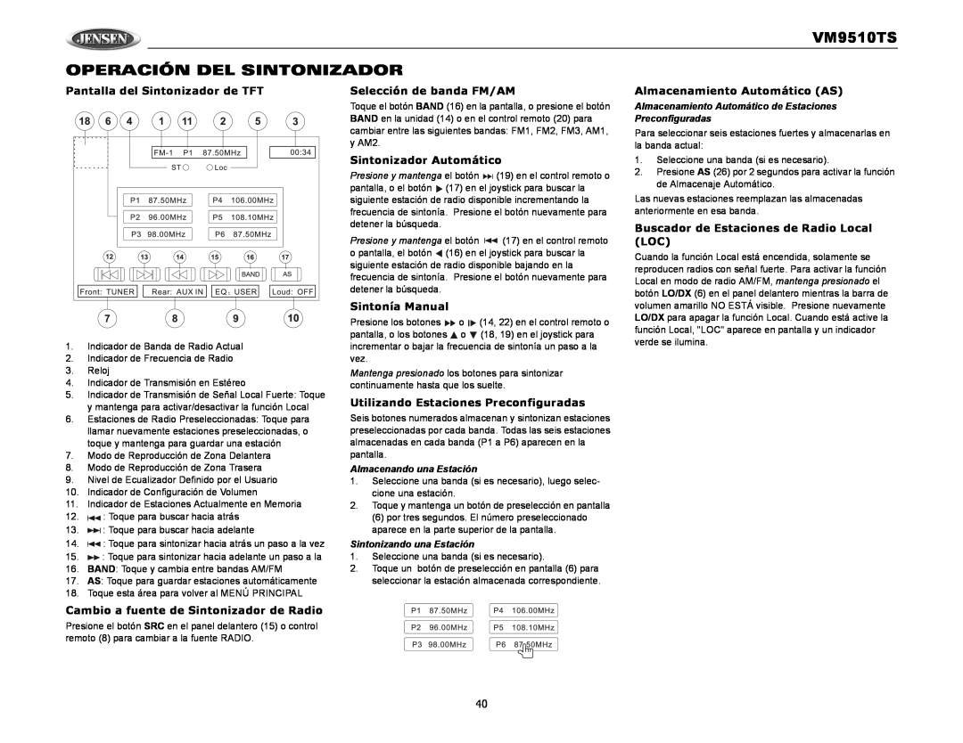 Audiovox VM9510TS OPERACIÓN DEL SINTONIZADOR, Pantalla del Sintonizador de TFT, Selección de banda FM/AM 