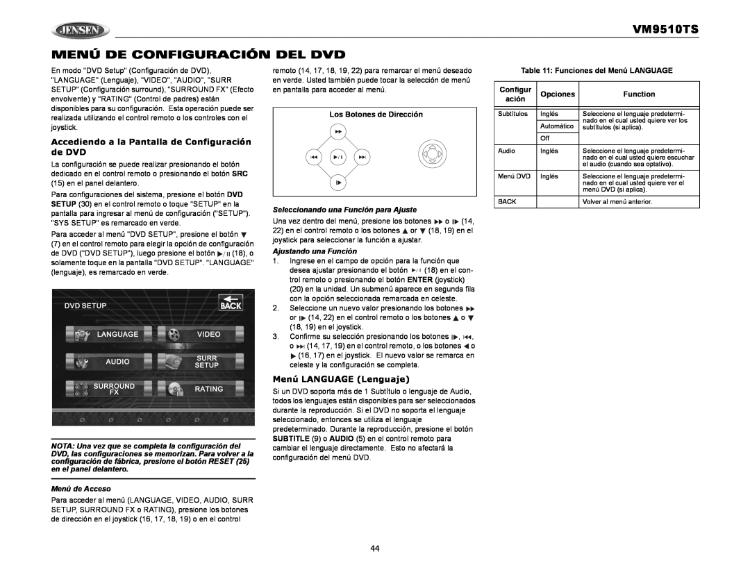Audiovox VM9510TS MENÚ DE CONFIGURACIÓN DEL DVD, Accediendo a la Pantalla de Configuración de DVD, Menú de Acceso 