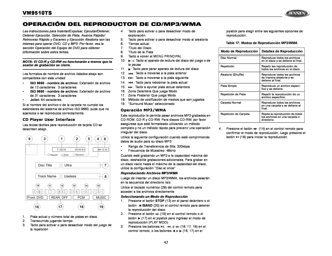 Audiovox operation manual VM9510TS OPERACIÓN DEL REPRODUCTOR DE CD/MP3/WMA, Operación MP3/WMA, CD Player User Interface 