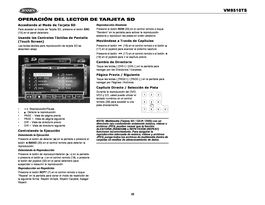 Audiovox VM9510TS OPERACIÓN DEL LECTOR DE TARJETA SD, Accediendo al Modo de Tarjeta SD, Cambio de Directorio 