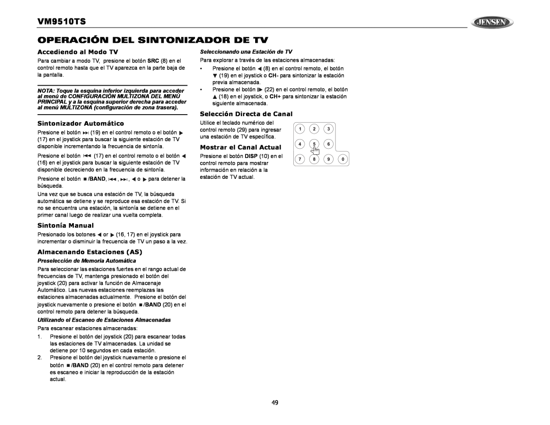 Audiovox VM9510TS Operación Del Sintonizador De Tv, Accediendo al Modo TV, Almacenando Estaciones AS, Sintonía Manual 