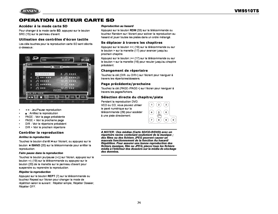 Audiovox operation manual VM9510TS OPERATION LECTEUR CARTE SD, Accéder à la mode carte SD, Changement de répertoire 