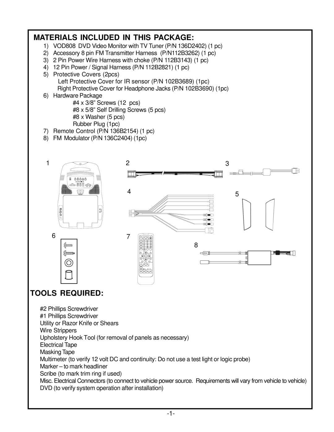 Audiovox VOD 808 manual Materials Included in this Package, Tools Required 