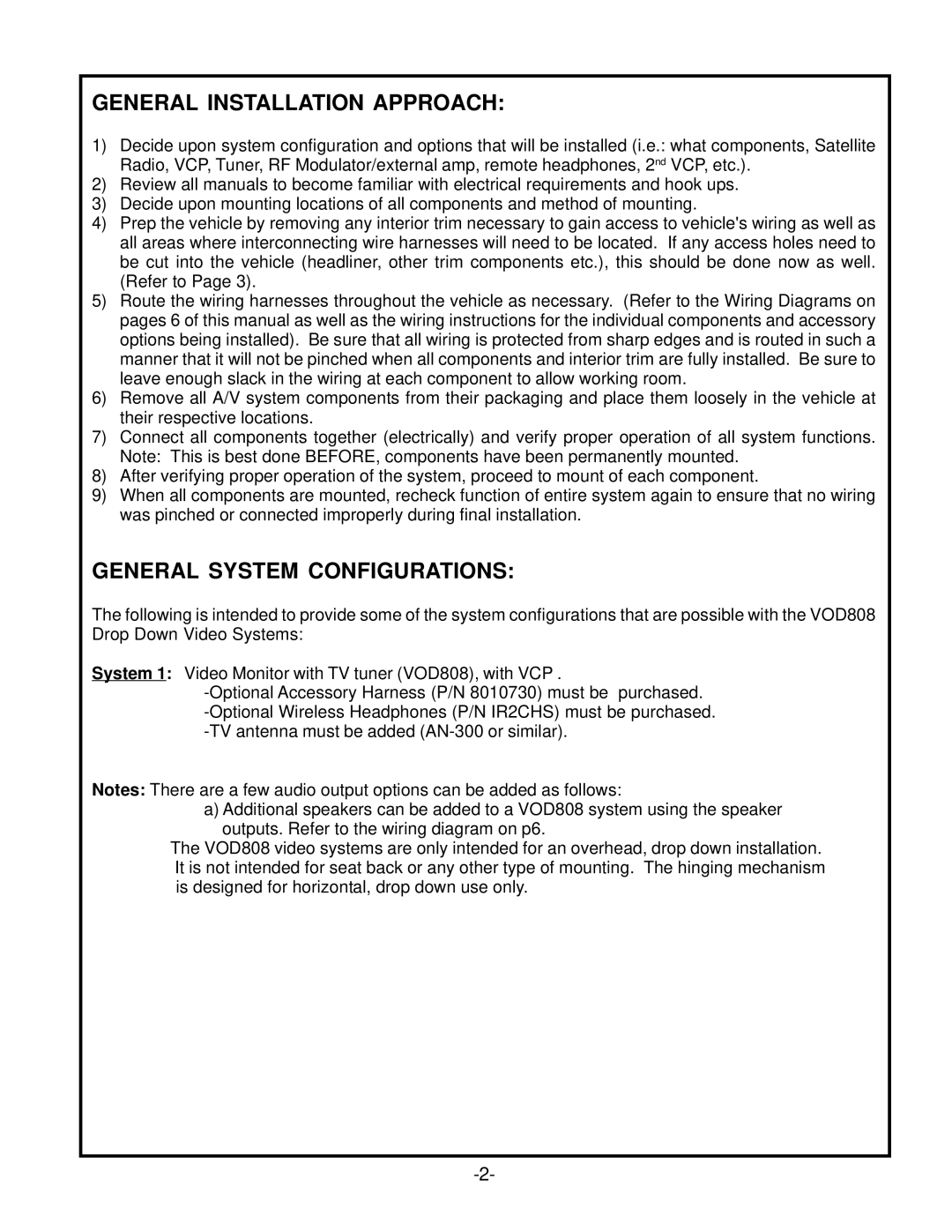 Audiovox VOD 808 manual General Installation Approach, General System Configurations 