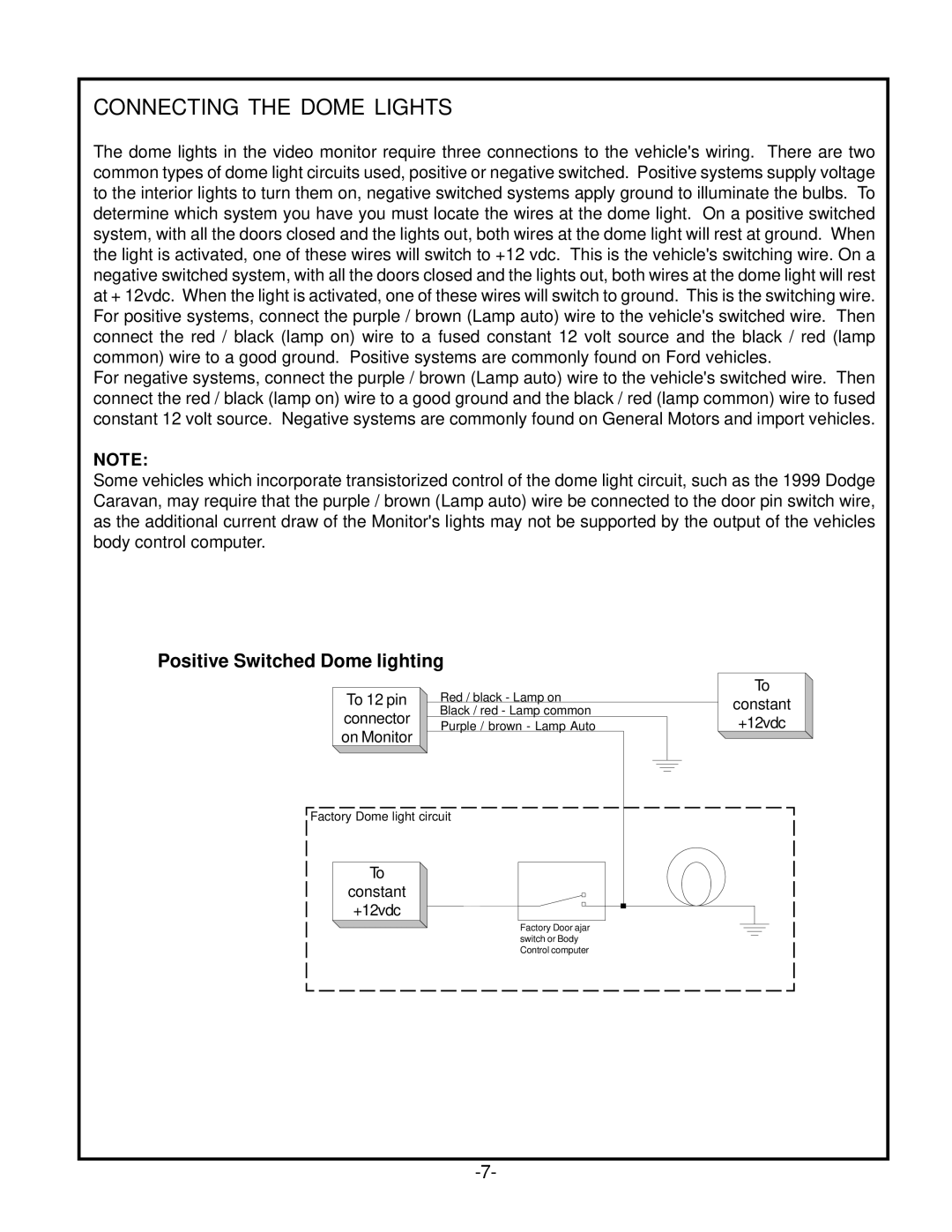 Audiovox VOD 808 manual Connecting the Dome Lights 