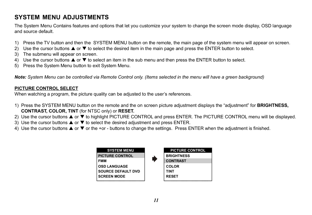 Audiovox 128-8565A, VOD10 operation manual System Menu Adjustments, Picture Control Select 