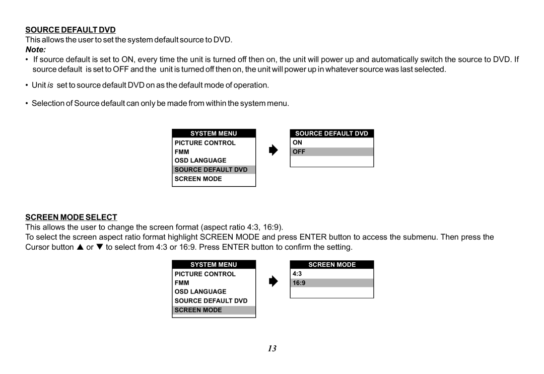 Audiovox 128-8565A, VOD10 operation manual Source Default DVD, Screen Mode Select 