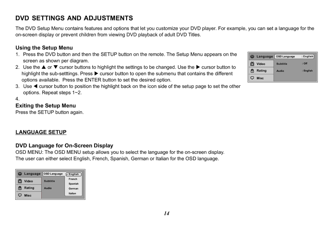 Audiovox VOD10, 128-8565A DVD Settings and Adjustments, Using the Setup Menu, Exiting the Setup Menu, Language Setup 