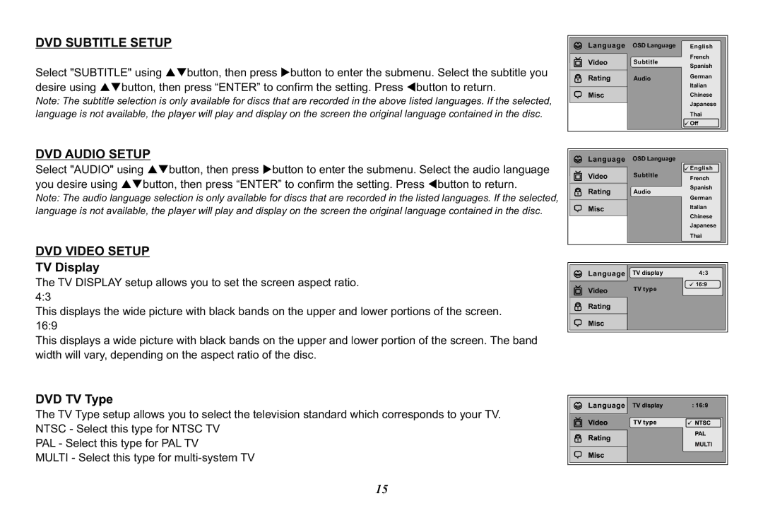 Audiovox 128-8565A, VOD10 operation manual DVD Subtitle Setup, DVD Audio Setup, DVD Video Setup, TV Display, DVD TV Type 